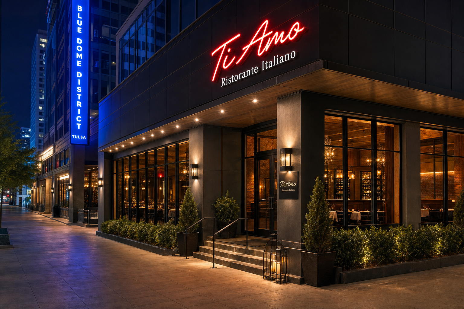 Ti Amo downtown Tulsa restaurant exterior at night