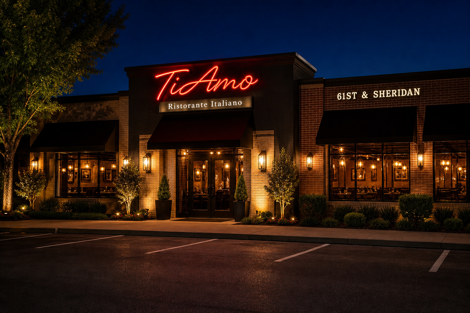 Ti Amo 61st and Sheridan restaurant exterior at night