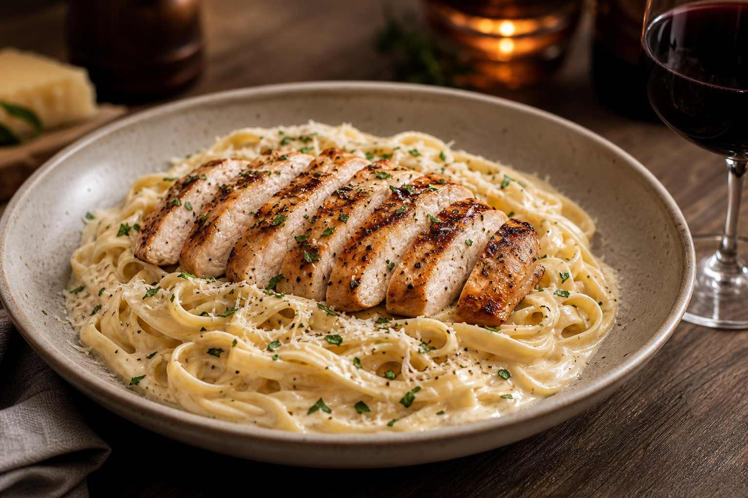 Creamy fettuccine topped with sliced grilled chicken